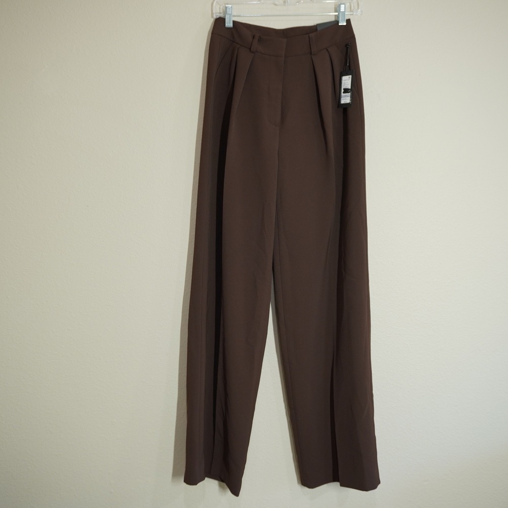 Kenneth Cole High Rise Pleated Boyfriend Wide Leg Pants Chocolate Brown 0 NWT